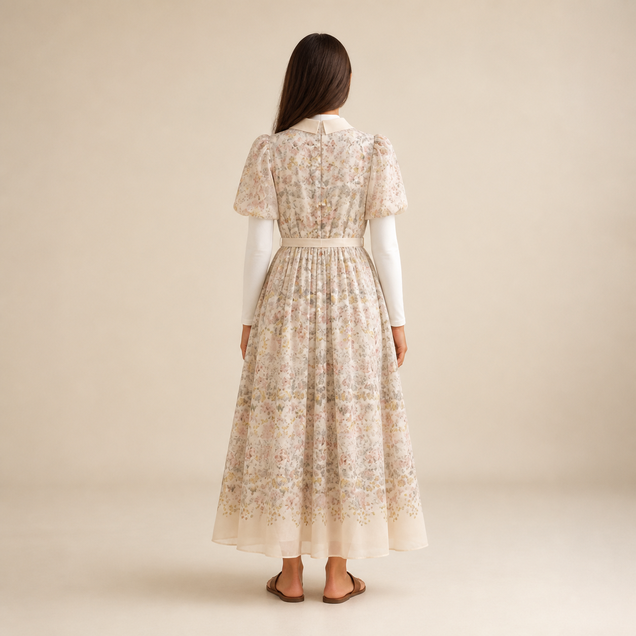 Robe longue beige fleurie Tsniout – 02 dos studio
