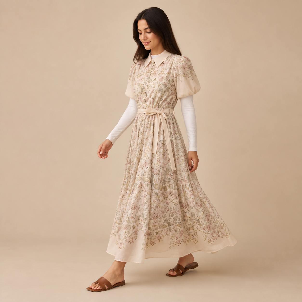 Robe longue beige fleurie Tsniout – 03 profil marche