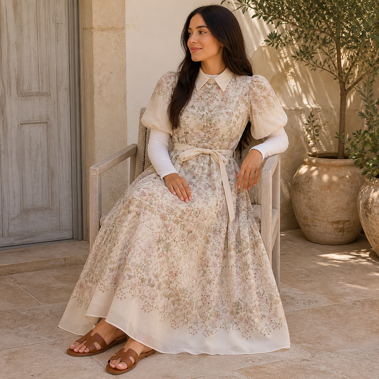 Robe longue beige fleurie Tsniout – 05 lifestyle assise