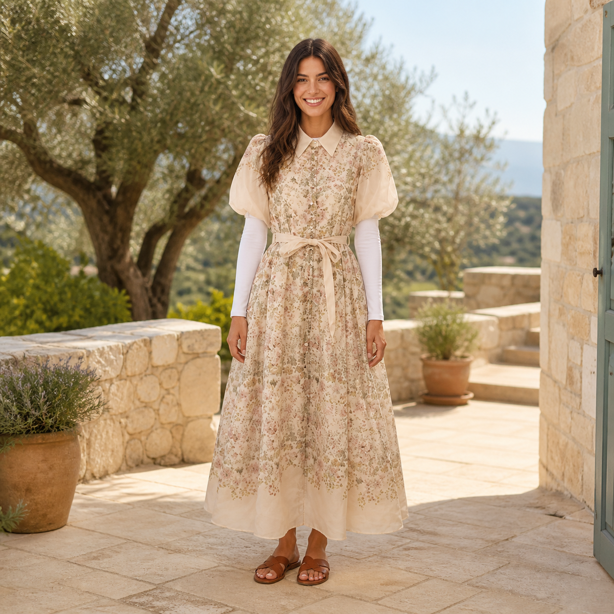 Robe longue beige fleurie Tsniout – 06 lifestyle debout