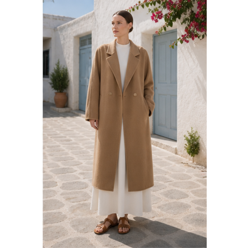Manteau long camel en laine fait main Tsniout – 03 profil marche