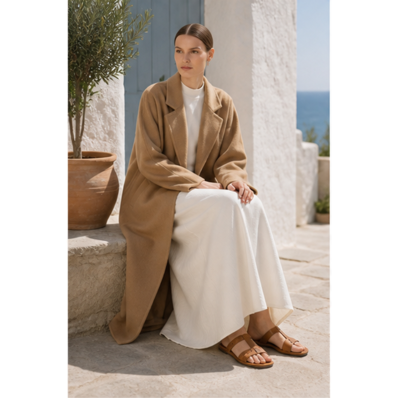 Manteau long camel en laine fait main Tsniout – 05 lifestyle assise