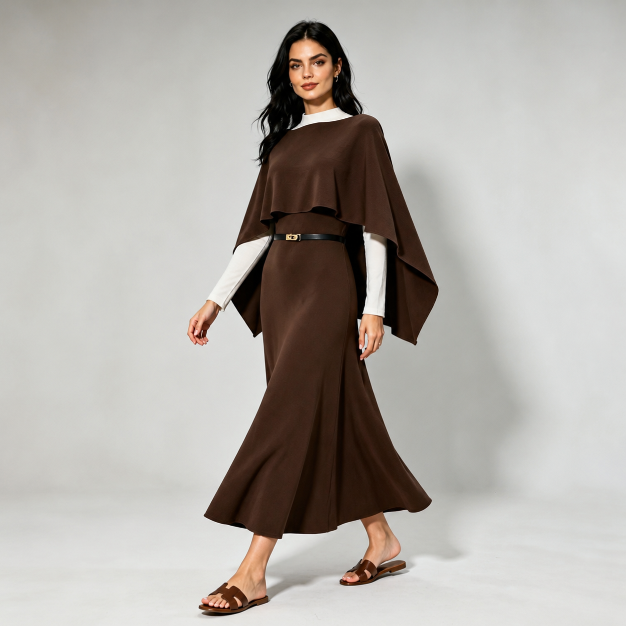 Robe longue chocolat avec cape et ceinture – vue 3