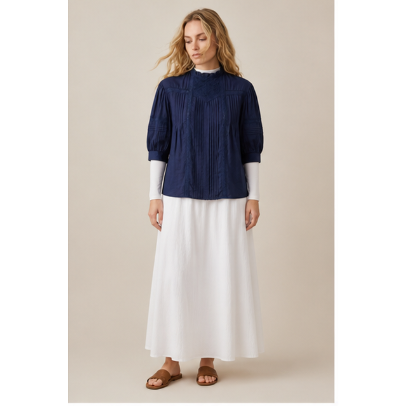 Blouse bleu marine plissée brodée Tsniout – vue 1
