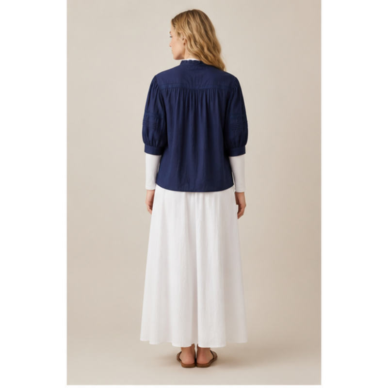 Blouse bleu marine plissée brodée Tsniout – vue 2