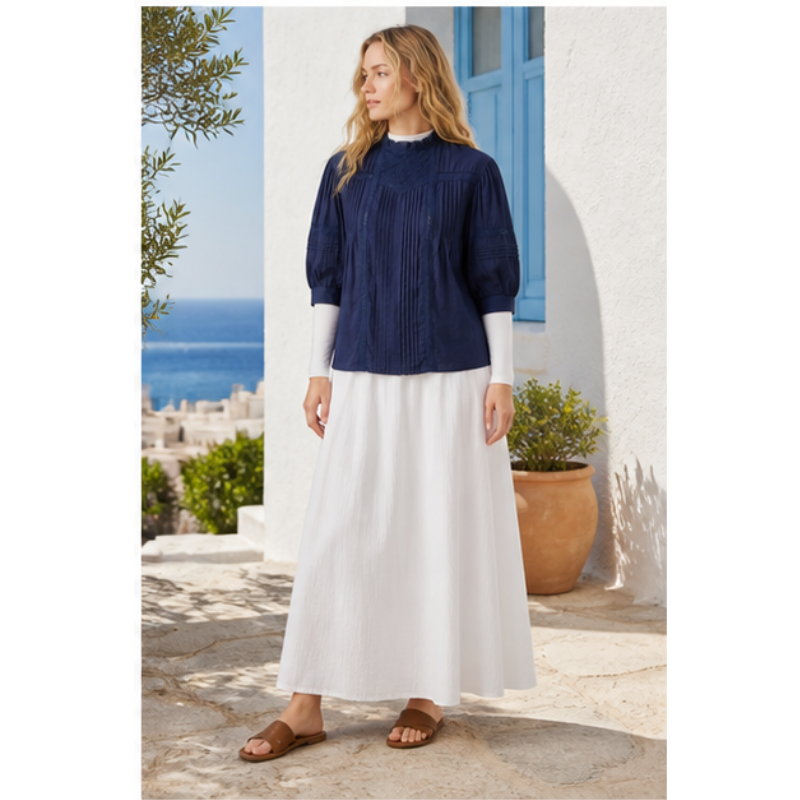 Blouse bleu marine plissée brodée Tsniout – vue 3