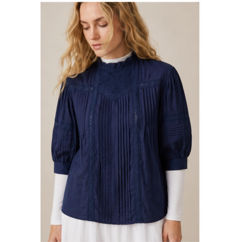 Blouse bleu marine plissée brodée Tsniout – vue 4