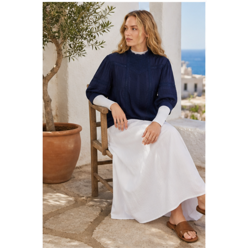 Blouse bleu marine plissée brodée Tsniout – vue 5