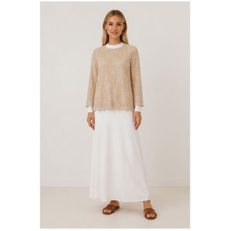 Blouse beige en dentelle fleurie Tsniout – vue 1