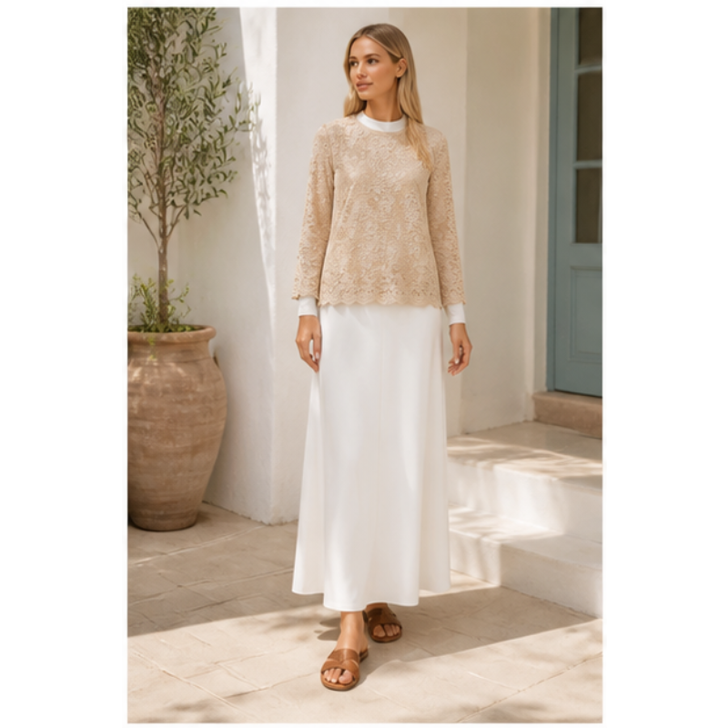 Blouse beige en dentelle fleurie Tsniout – vue 3