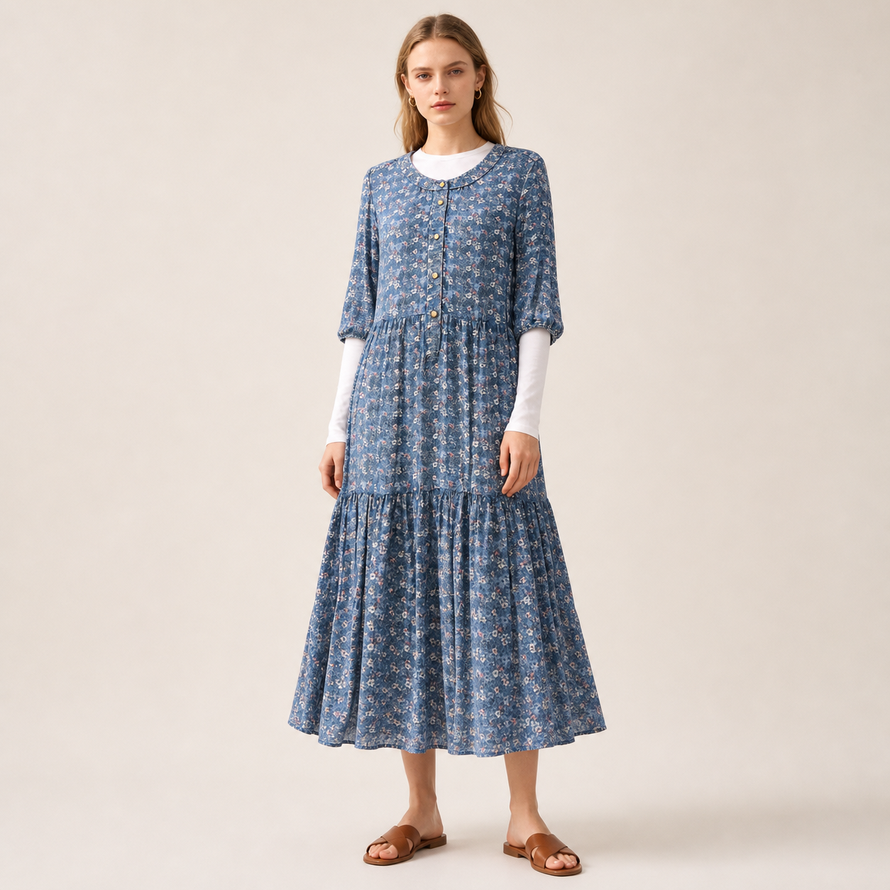 Robe longue bleue fleurie boutonnée – vue 1