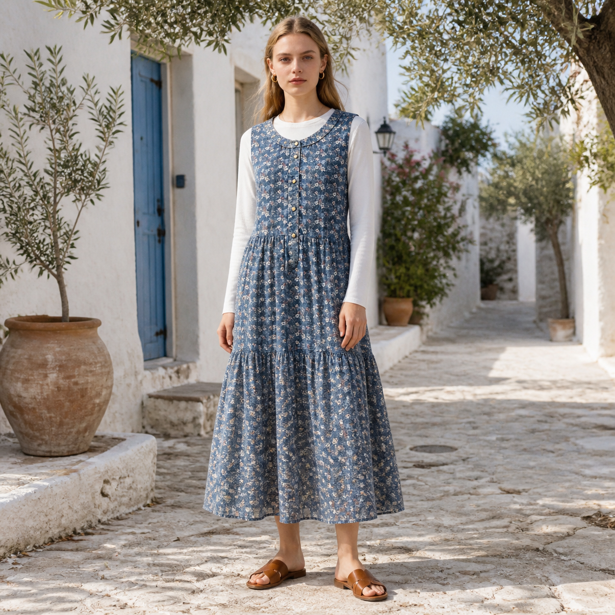 Robe longue bleue fleurie boutonnée – vue 6