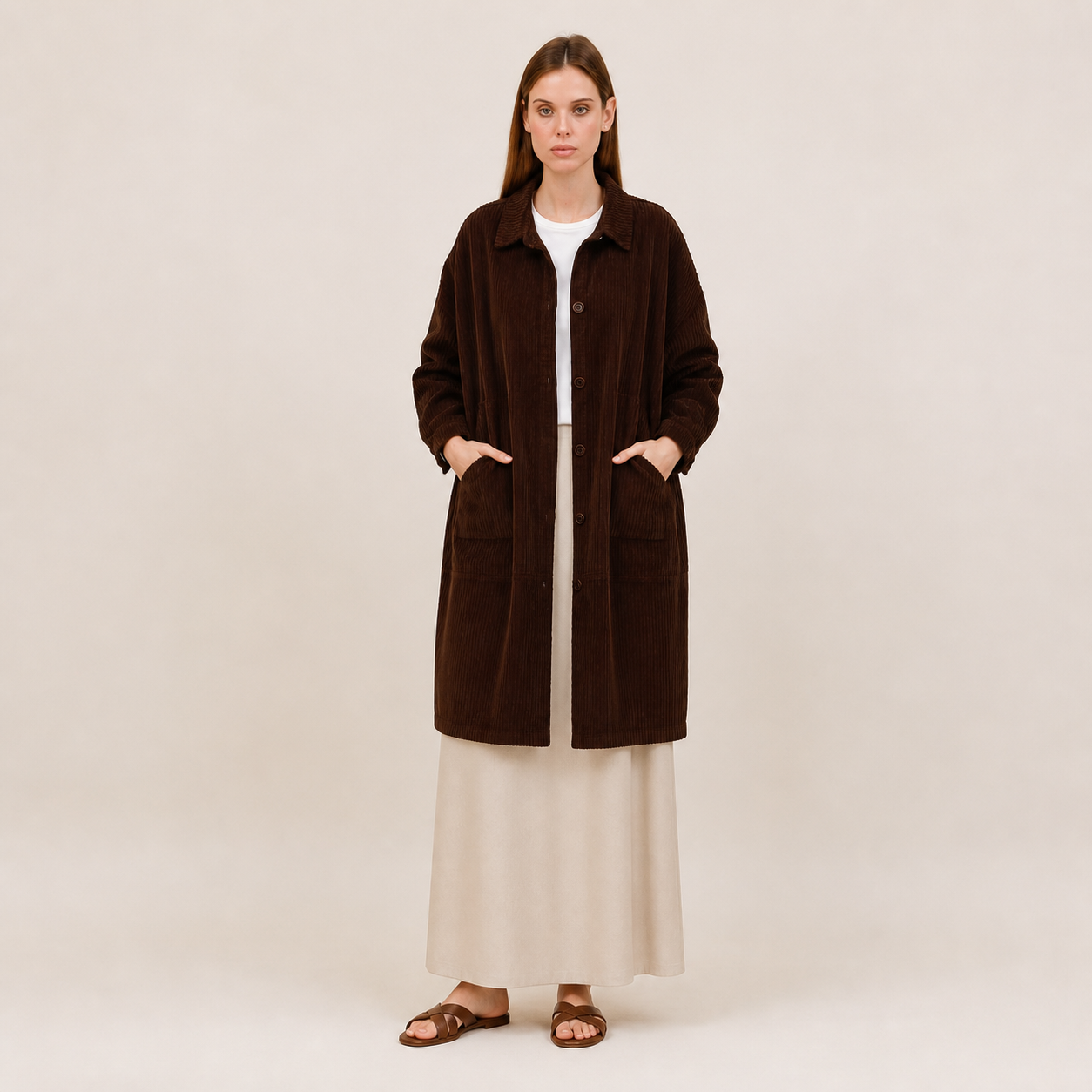 Manteau long marron en velours côtelé Tsniout – 01 face studio