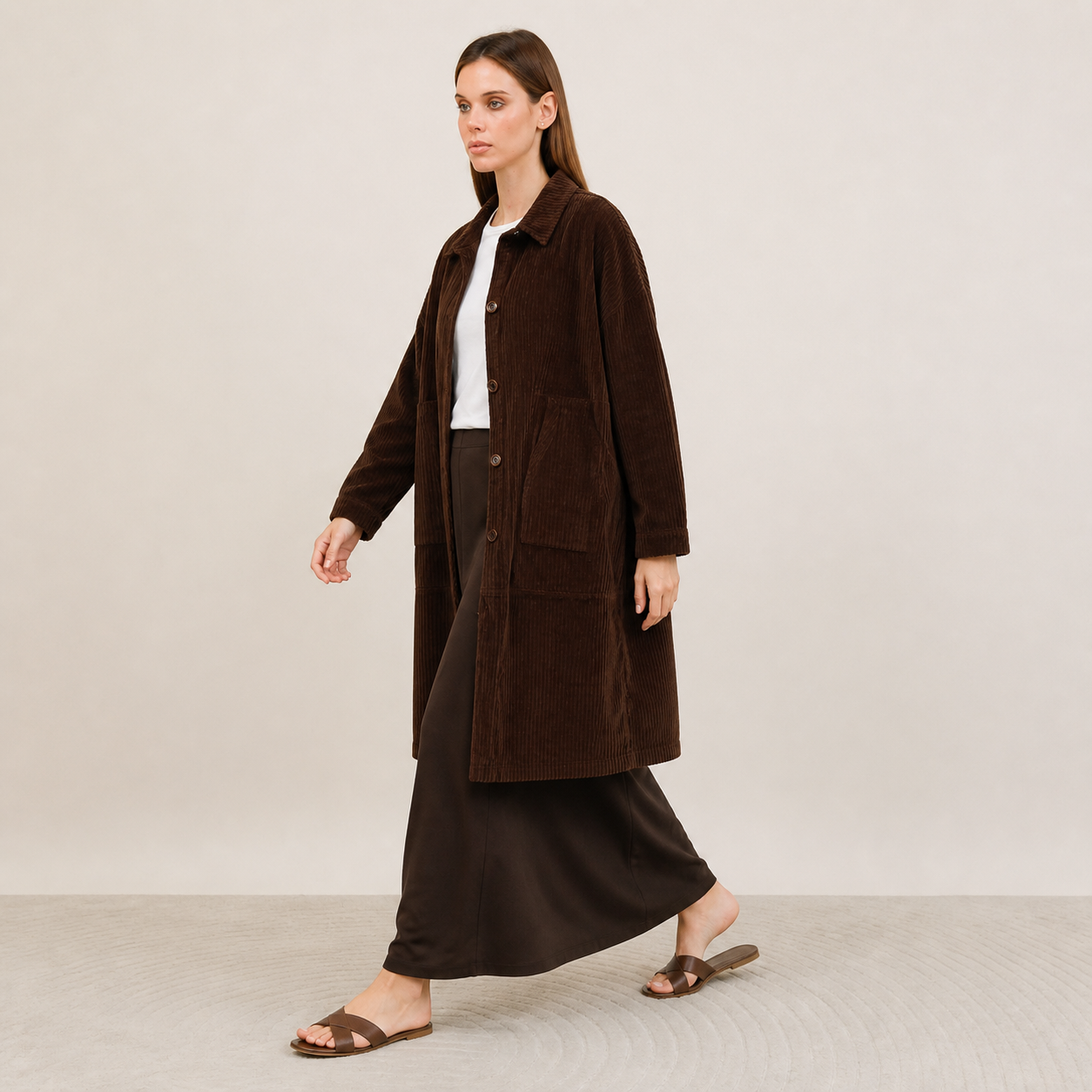 Manteau long marron en velours côtelé Tsniout – 03 profil marche