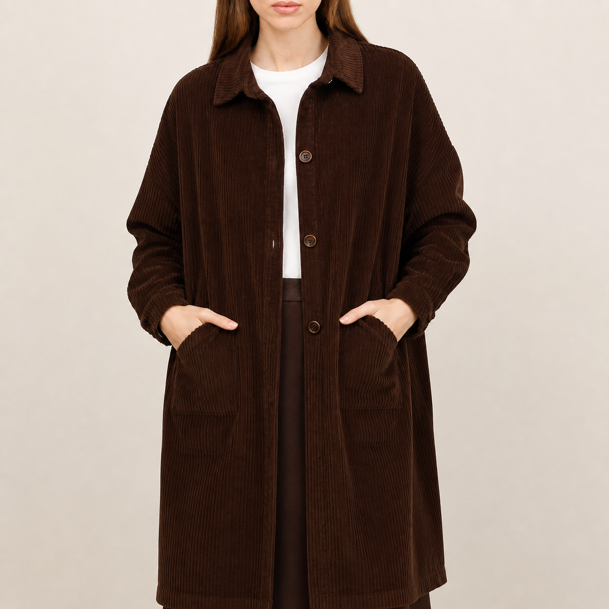 Manteau long marron en velours côtelé Tsniout – 04 zoom produit