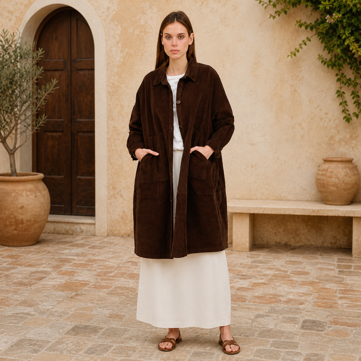 Manteau long marron en velours côtelé Tsniout – 06 lifestyle debout
