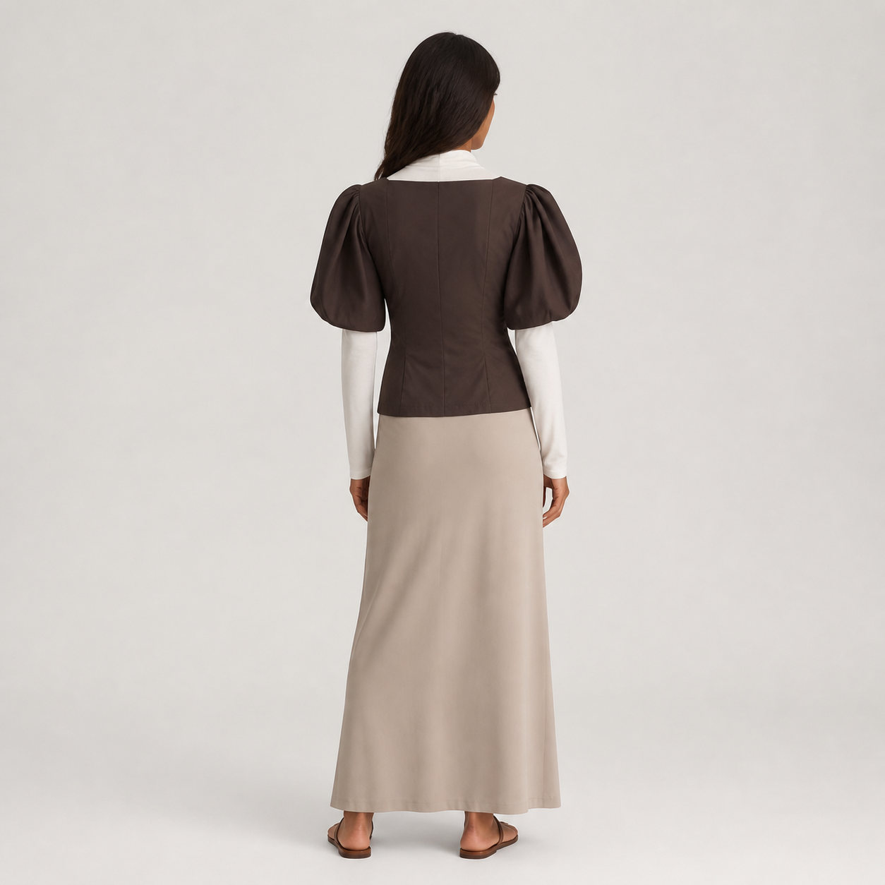 Top marron à encolure carrée et manches bouffantes – vue 2