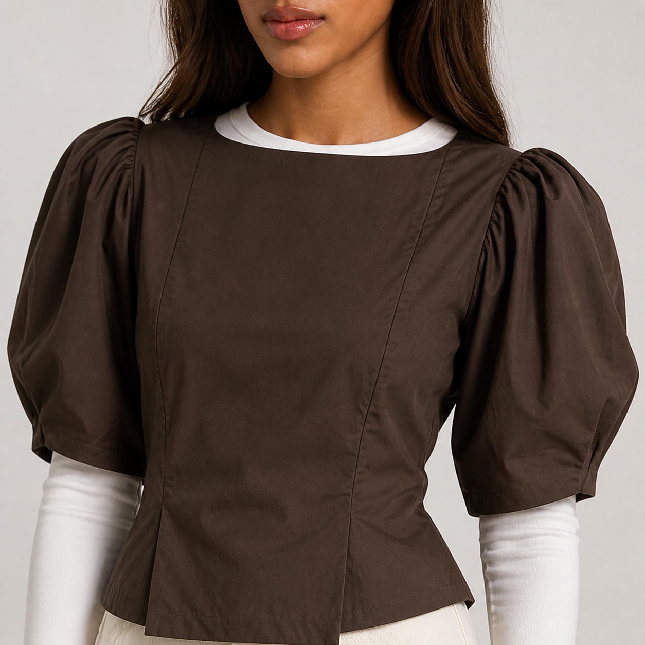 Top marron à encolure carrée et manches bouffantes – vue 4