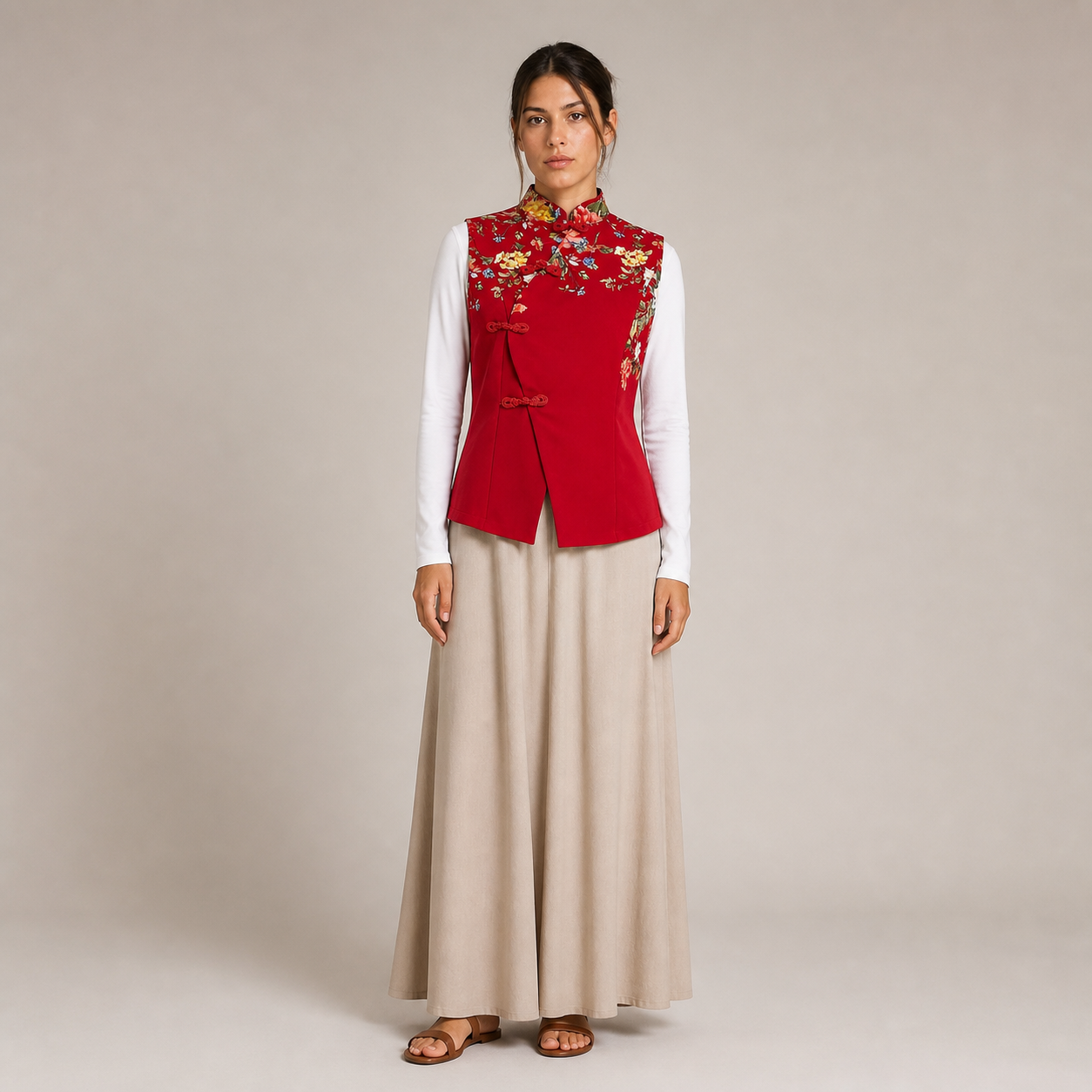 Top rouge à col chinois floral Tsniout — Polyester 95 %, élasthanne 5 %