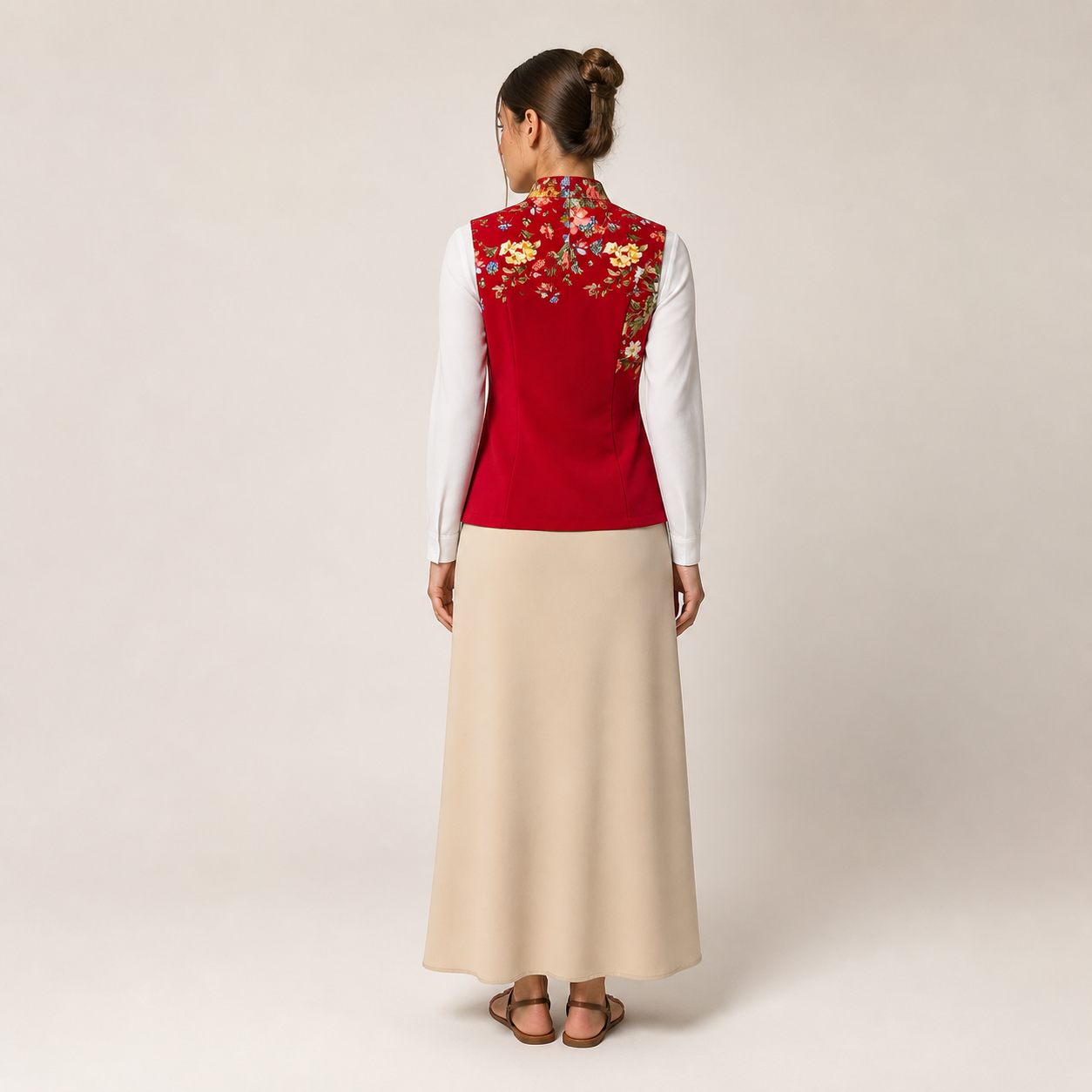 Top rouge à col chinois floral – vue 2
