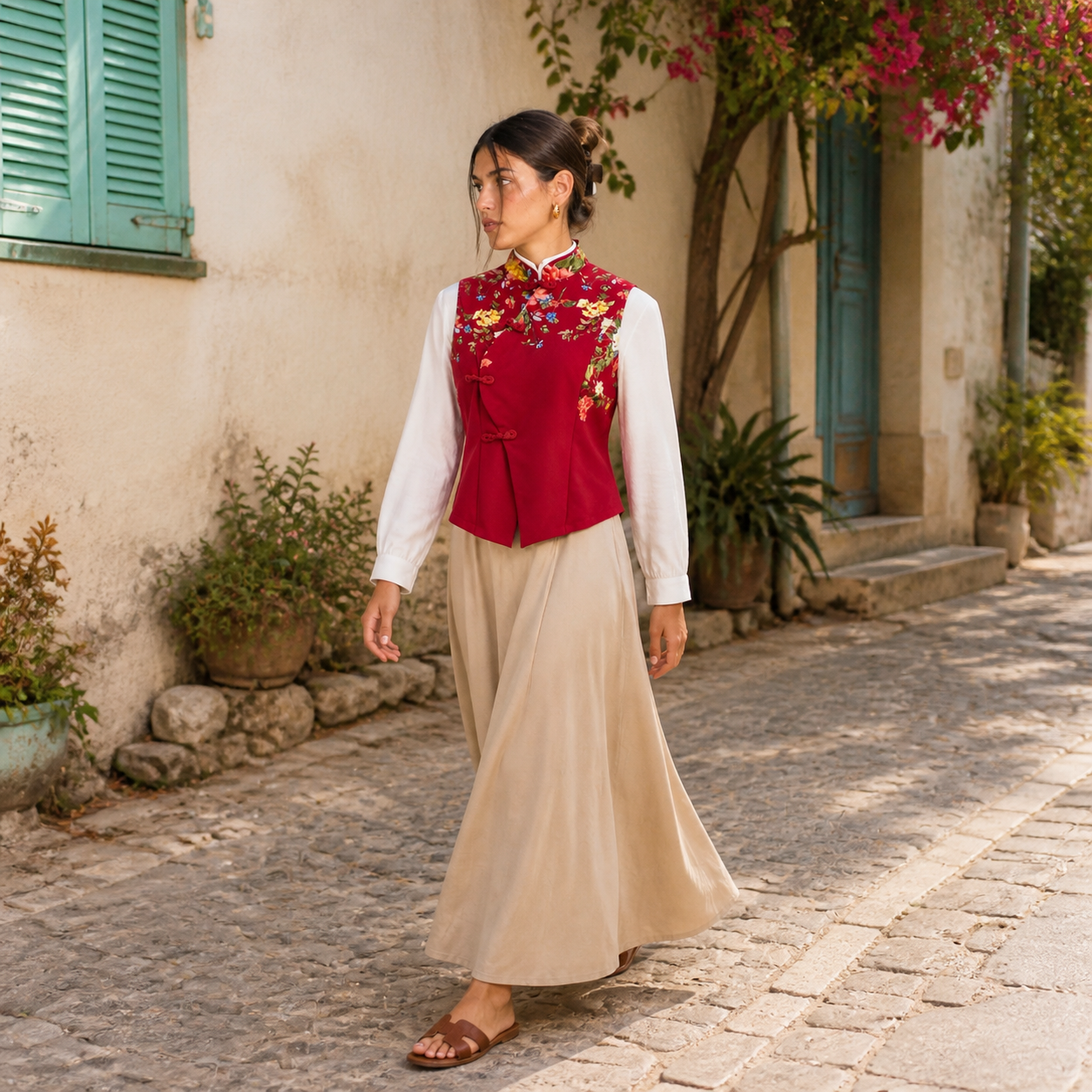Top rouge à col chinois floral – vue 3