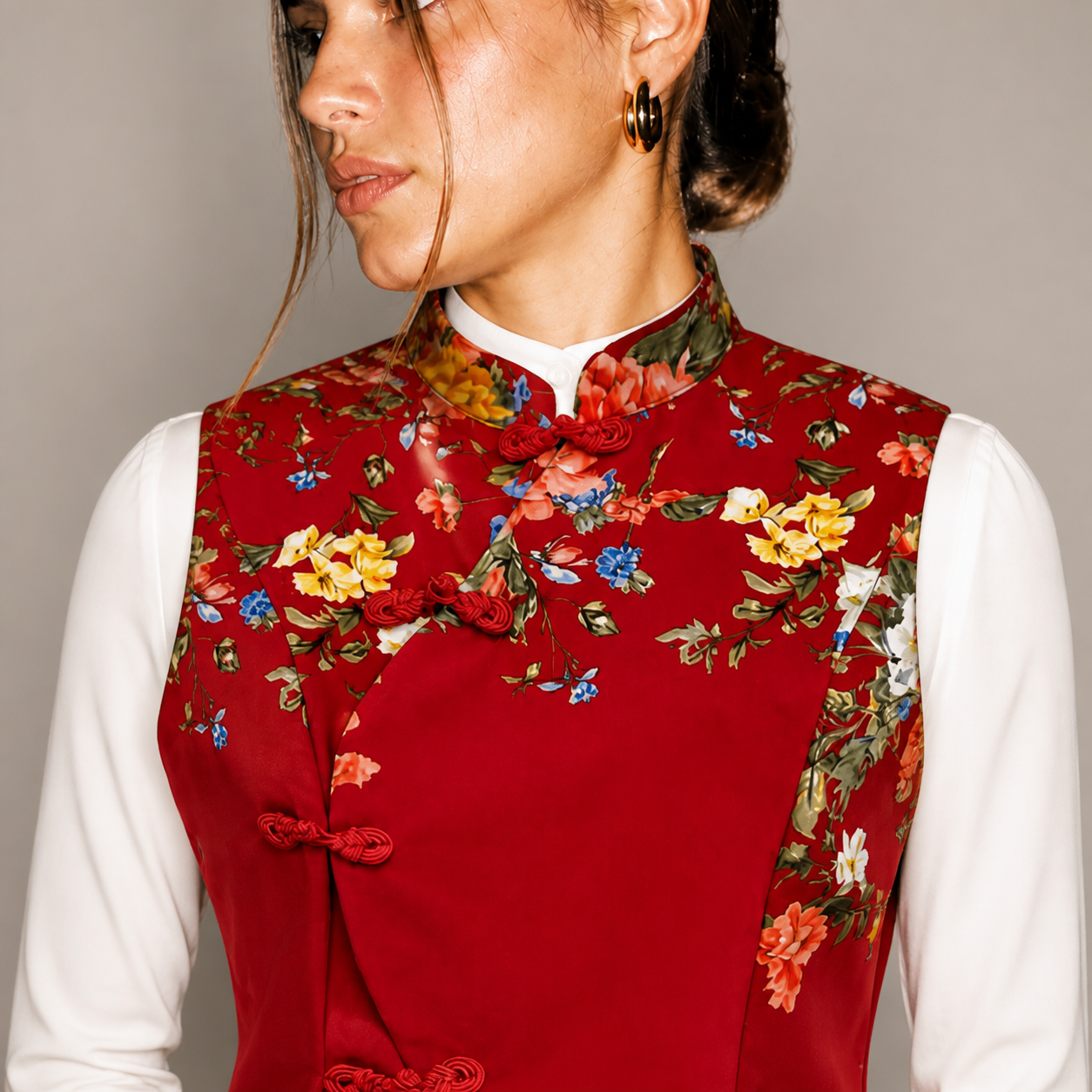 Top rouge à col chinois floral – vue 4