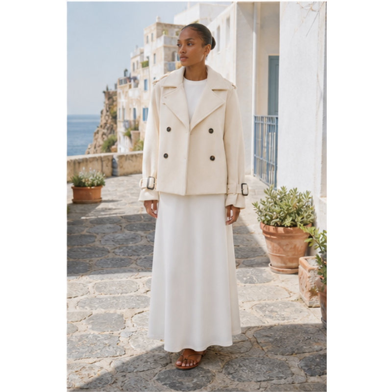 Veste courte ivoire double boutonnage Tsniout – 03 profil marche
