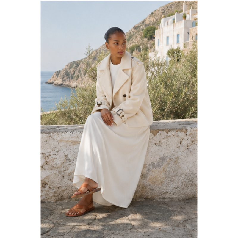 Veste courte ivoire double boutonnage Tsniout – 05 lifestyle assise