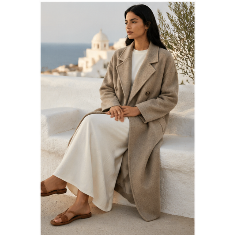 Manteau long taupe oversize Tsniout – 05 lifestyle assise