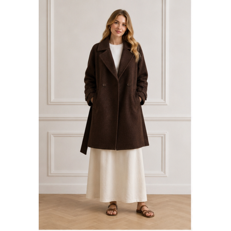 Manteau mi-long chocolat ceinturé Tsniout – 01 face studio