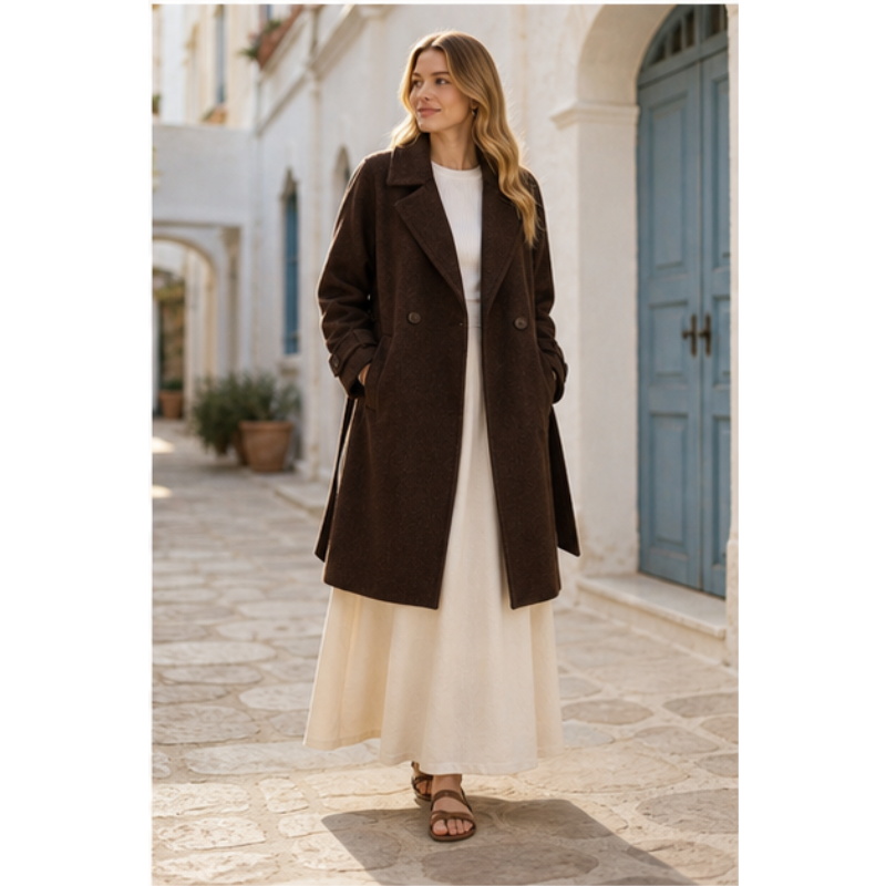 Manteau mi-long chocolat ceinturé Tsniout – 03 profil marche