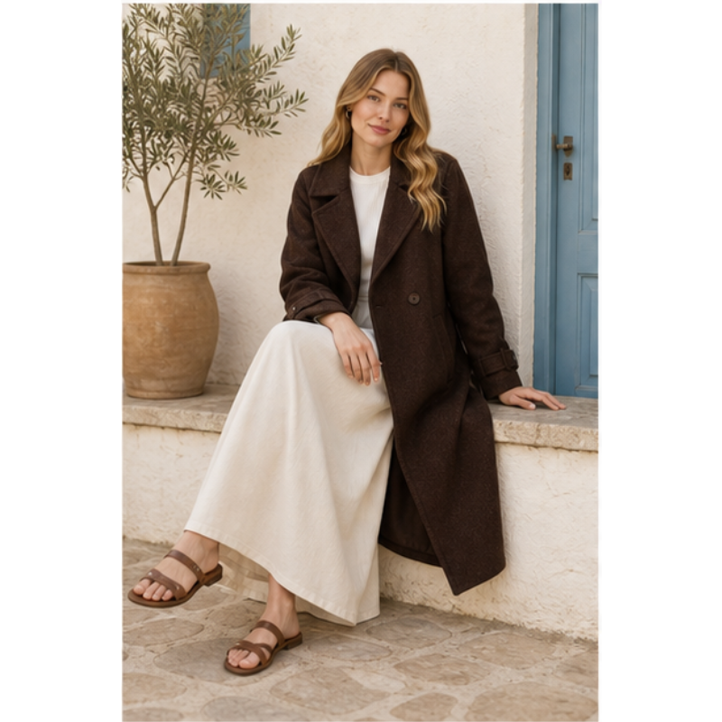 Manteau mi-long chocolat ceinturé Tsniout – 05 lifestyle assise