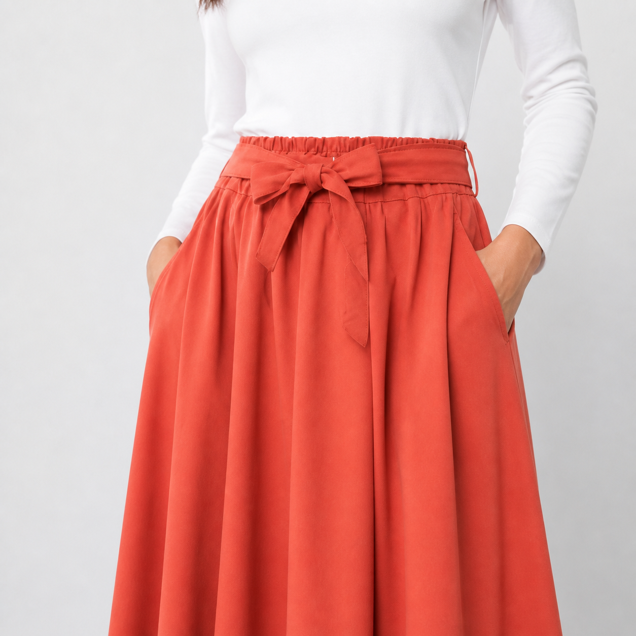 Jupe midi brique fluide à ceinture nouée Tsniout – 04 zoom produit