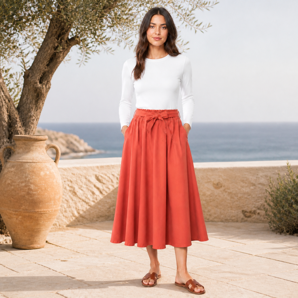 Jupe midi brique fluide à ceinture nouée Tsniout – 06 lifestyle debout