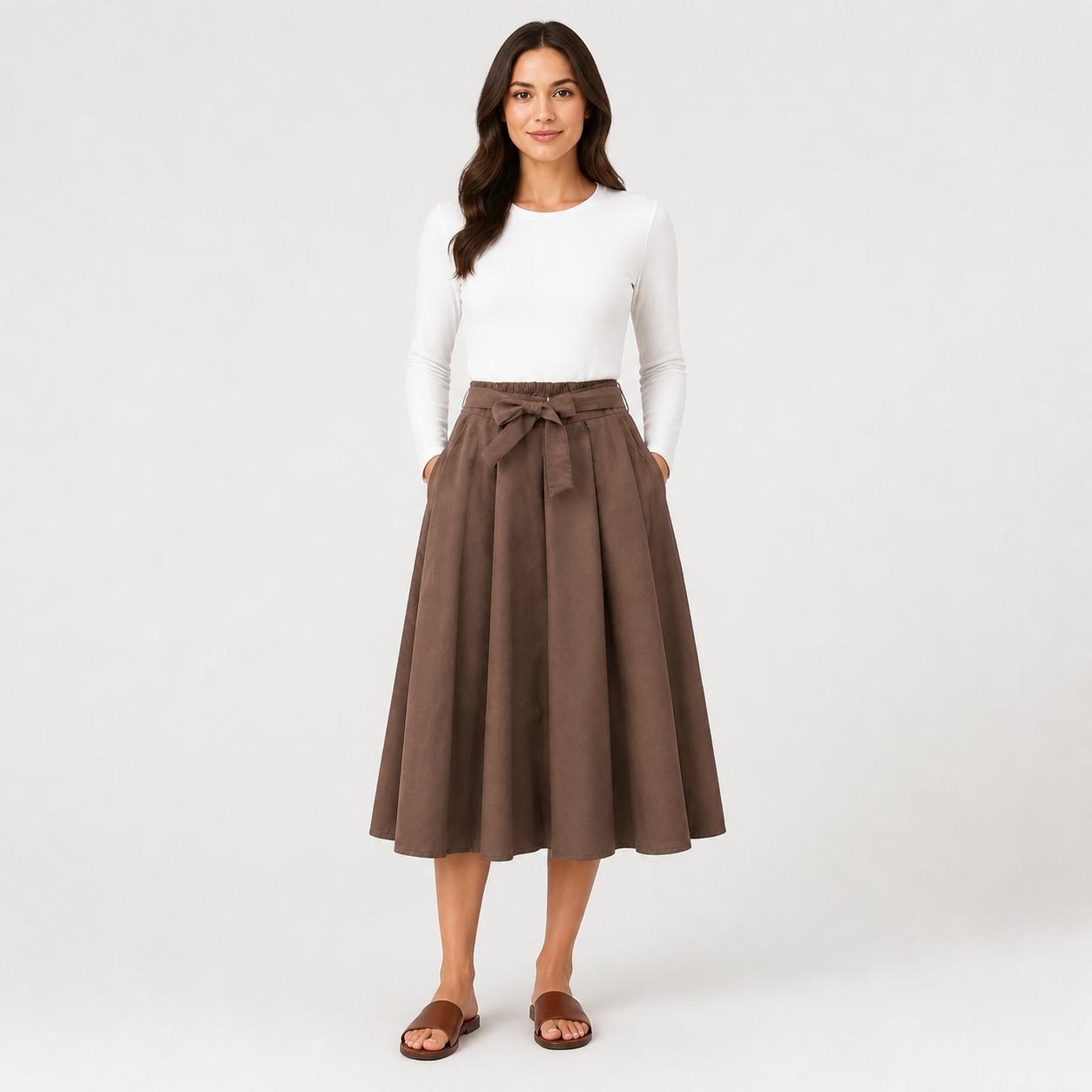 Jupe midi brun foncé fluide à ceinture – vue 1