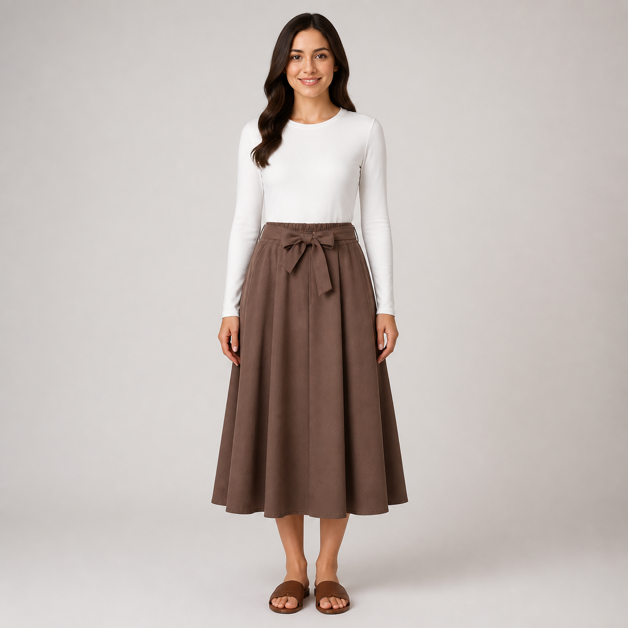 Jupe midi brun foncé fluide à ceinture – vue 2