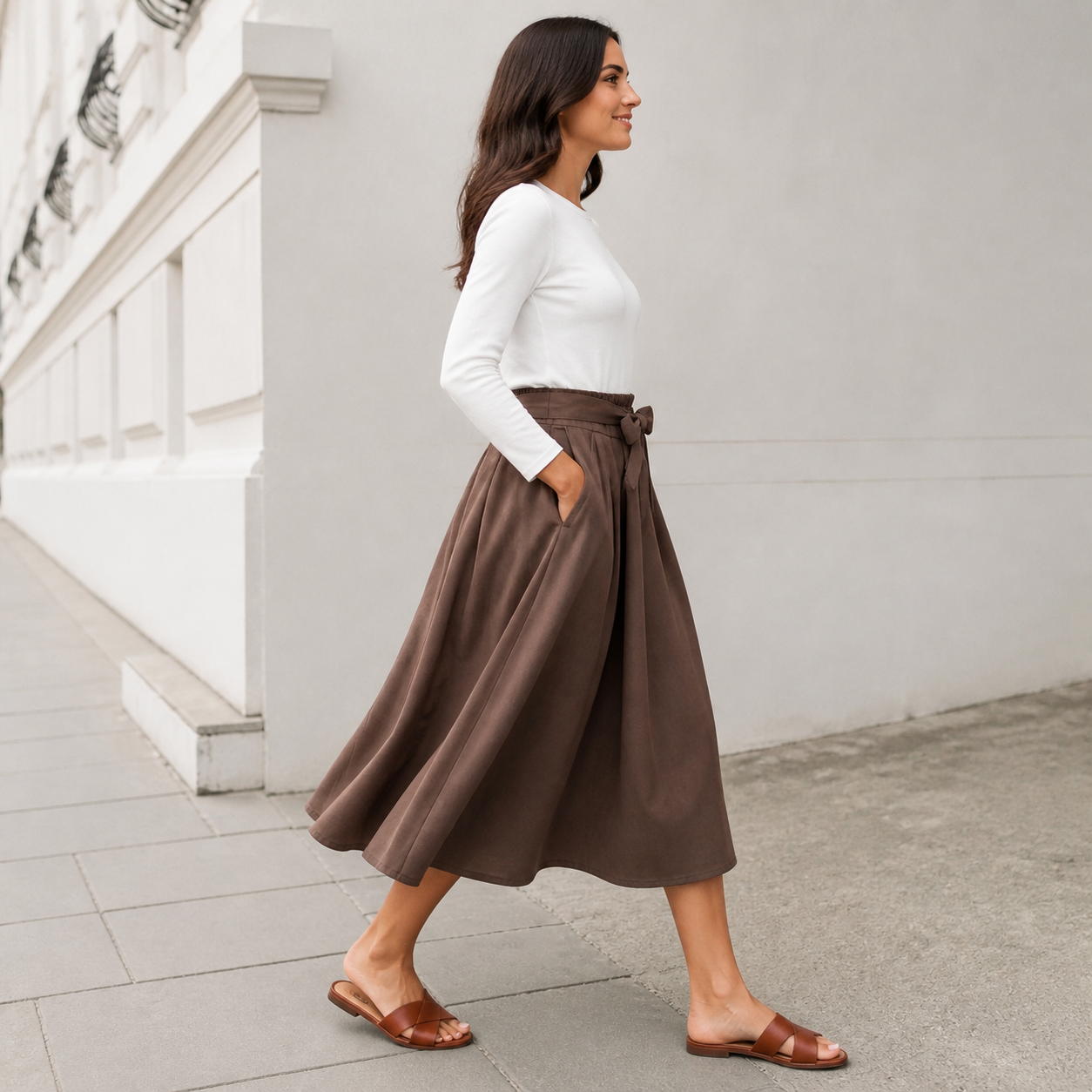 Jupe midi brun foncé fluide à ceinture – vue 3