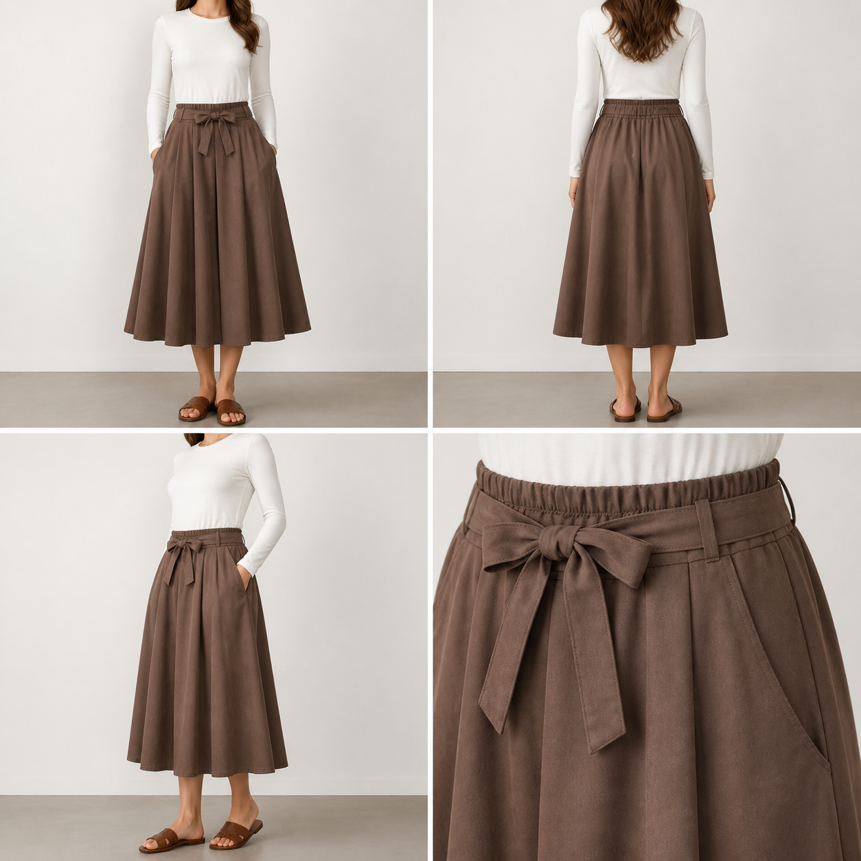 Jupe midi brun foncé fluide à ceinture – vue 4