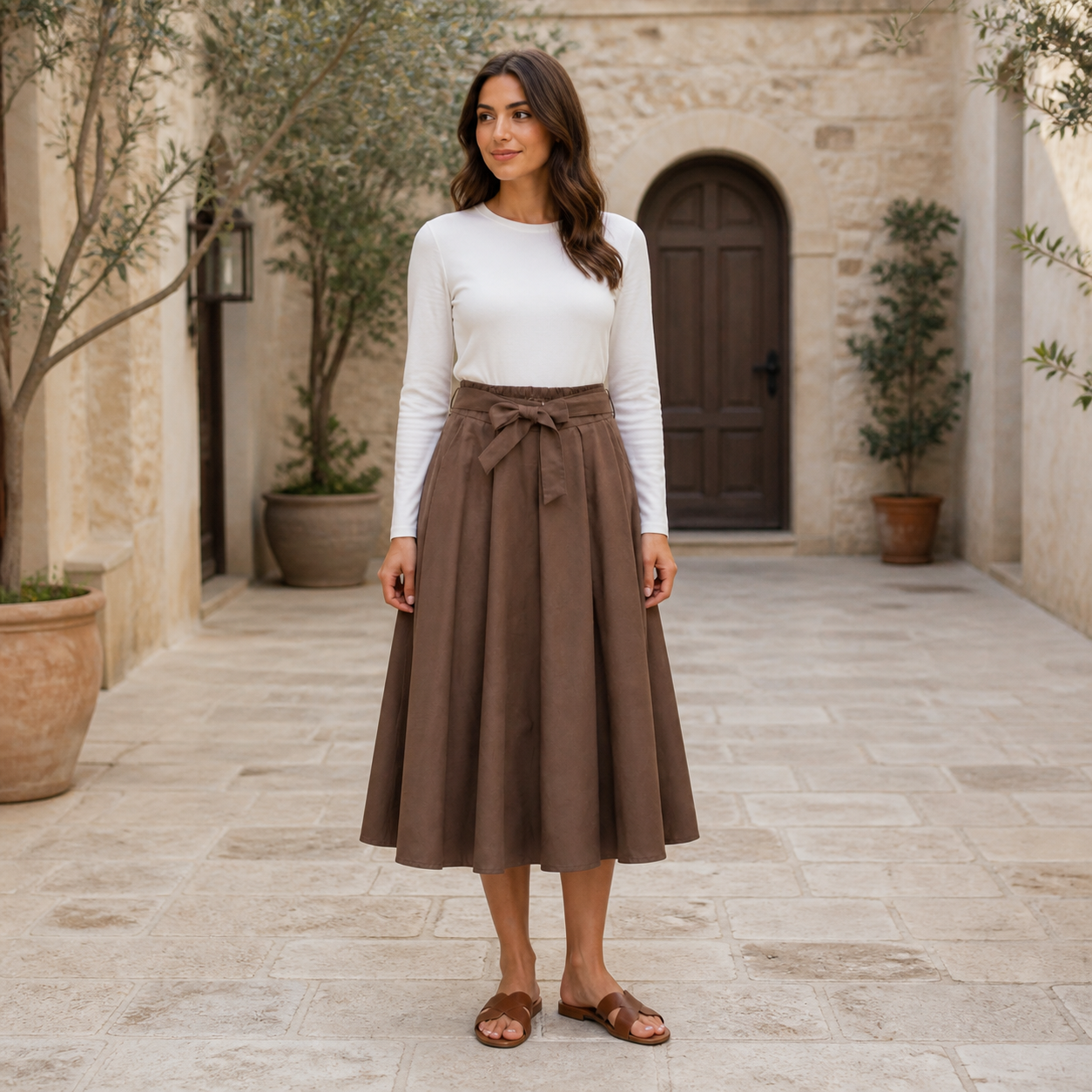 Jupe midi brun foncé fluide à ceinture – vue 6