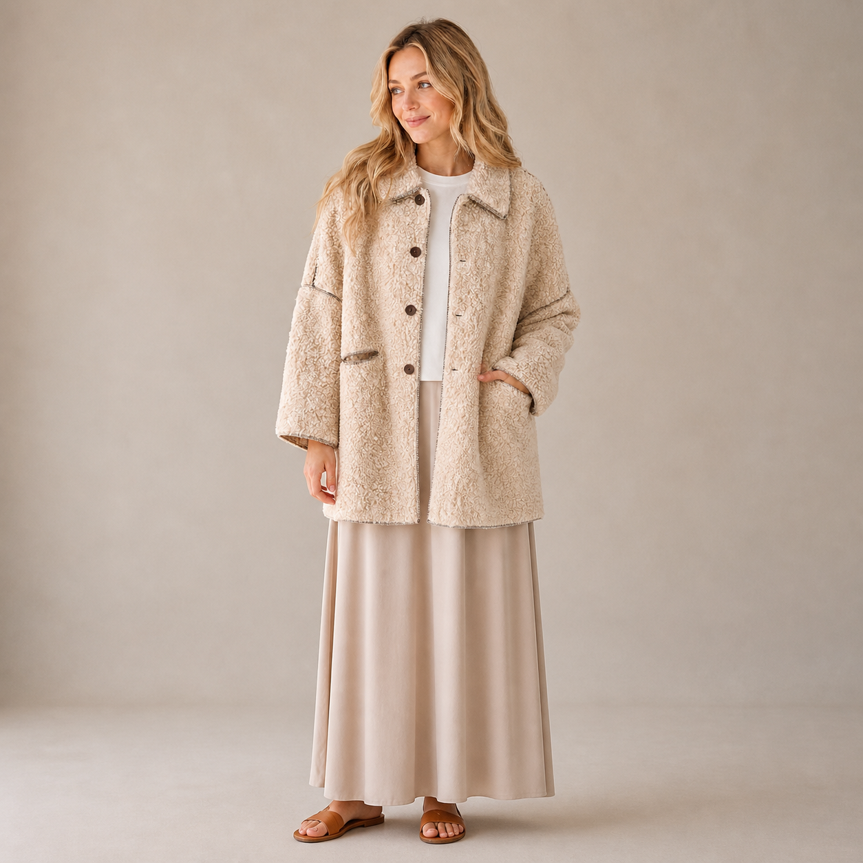 Veste teddy beige à boutons Tsniout – 01 face studio