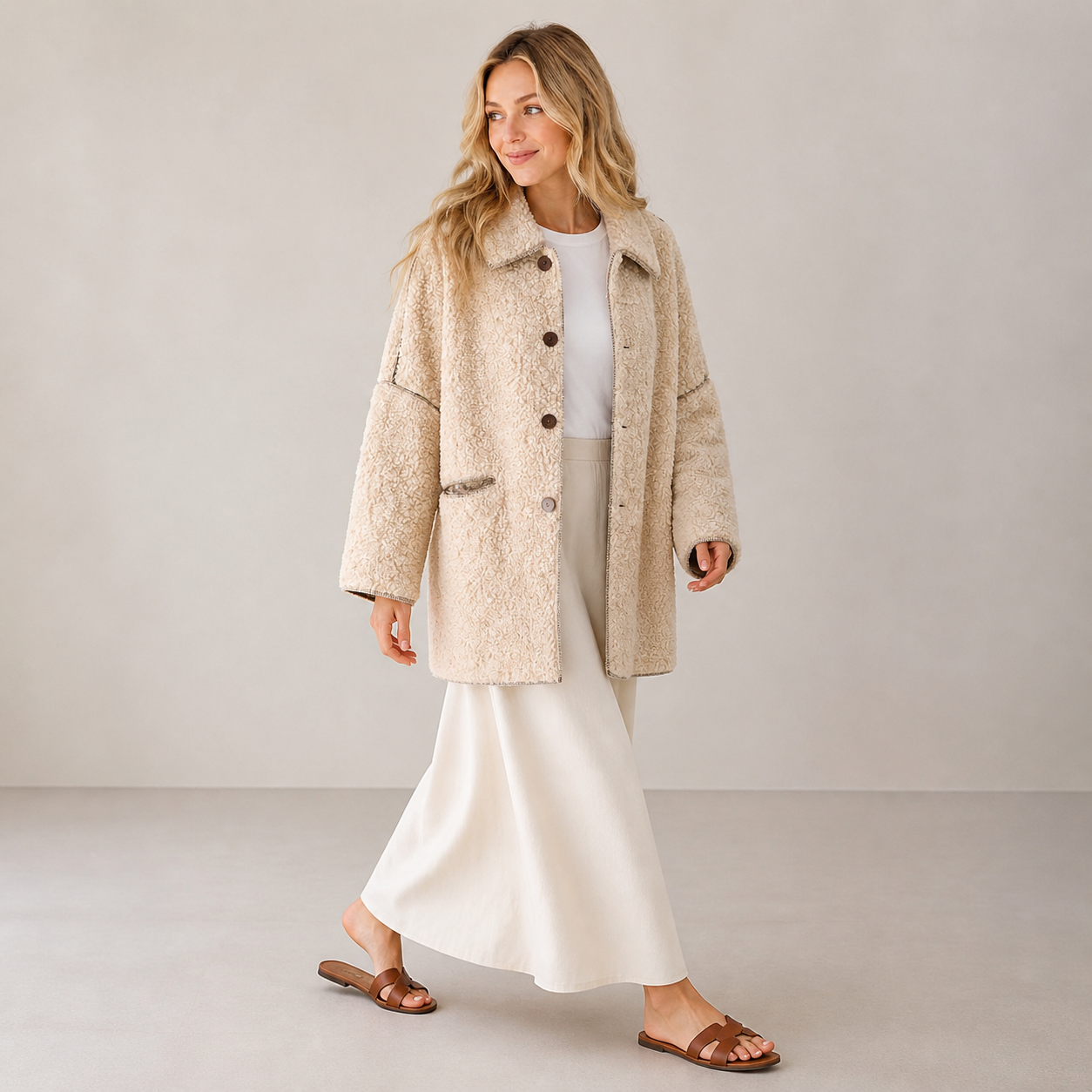 Veste teddy beige à boutons Tsniout – 03 profil marche