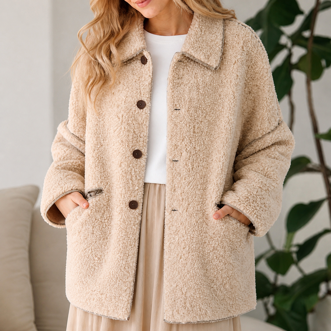 Veste teddy beige à boutons Tsniout – 04 zoom produit