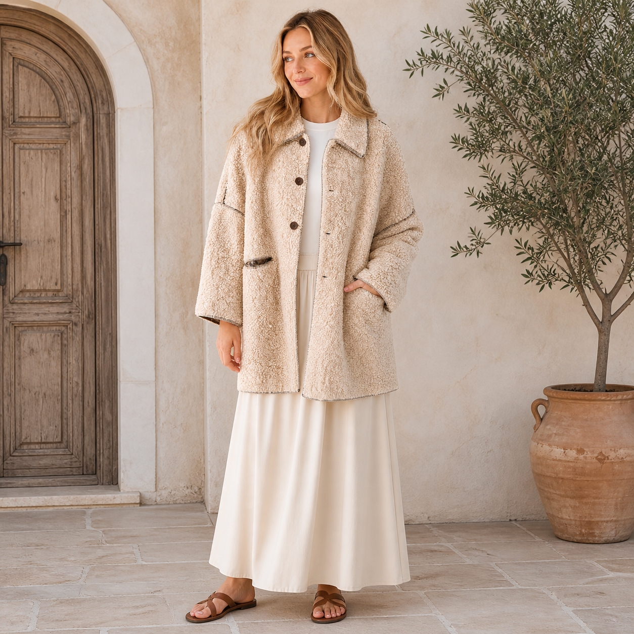Veste teddy beige à boutons Tsniout – 06 lifestyle debout