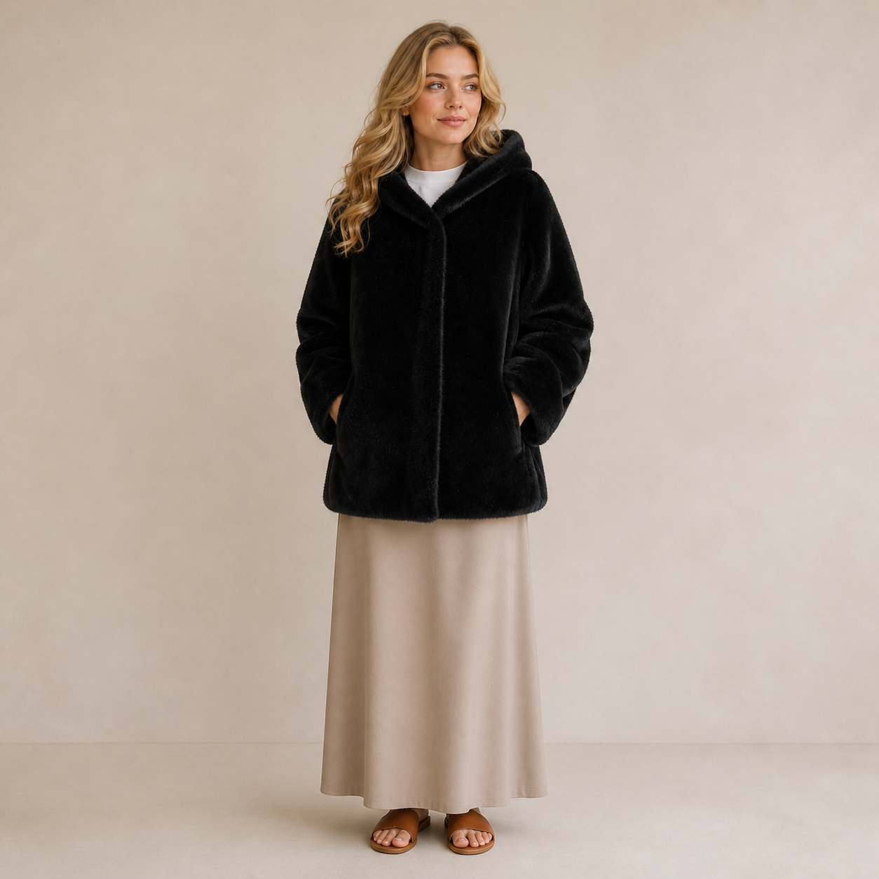 Manteau noir en fausse fourrure à capuche Tsniout – 01 face studio
