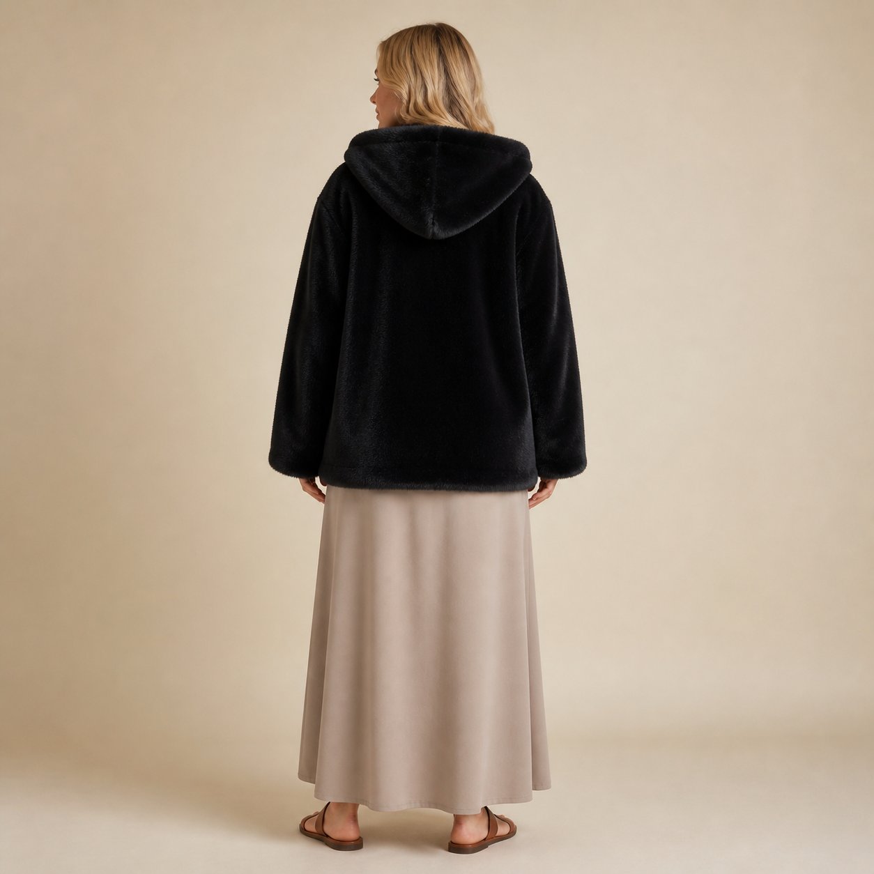 Manteau noir en fausse fourrure à capuche Tsniout – 02 dos studio