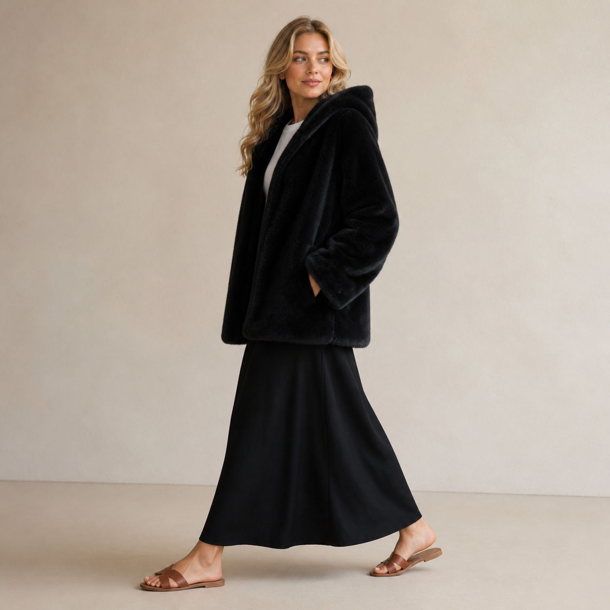 Manteau noir en fausse fourrure à capuche Tsniout – 03 profil marche
