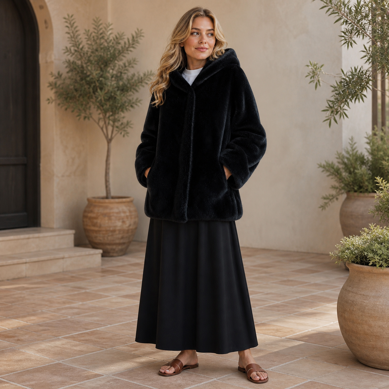 Manteau noir en fausse fourrure à capuche Tsniout – 06 lifestyle debout