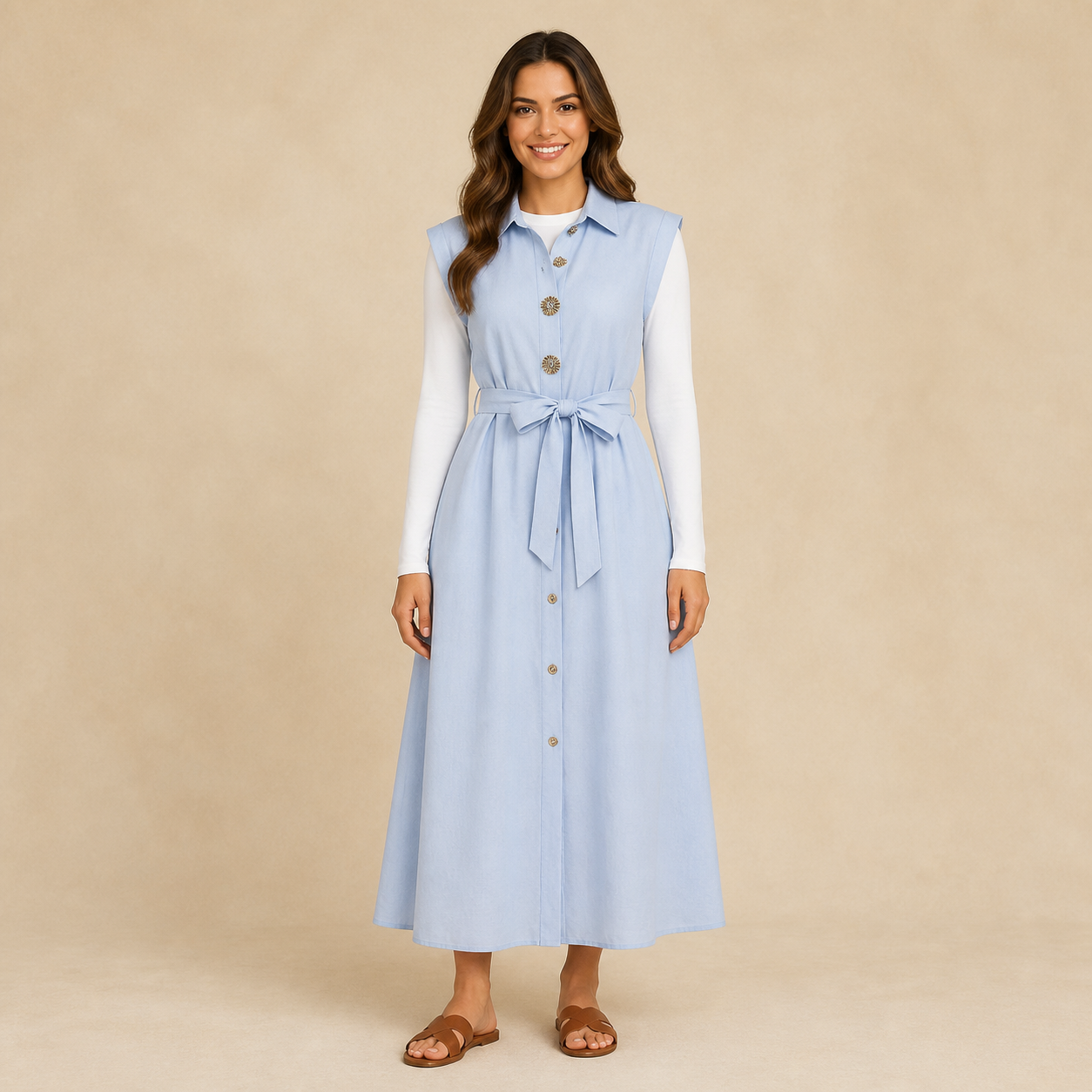 Robe longue bleu clair à col chemise Tsniout – 01 face studio