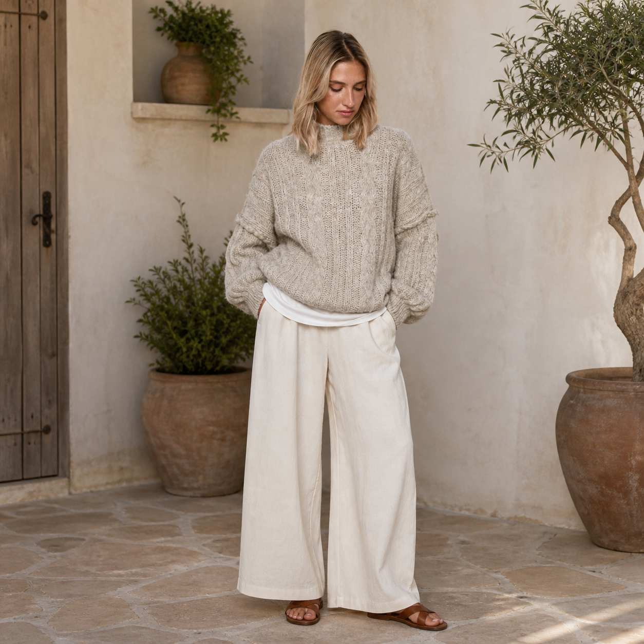 Pull beige en grosse maille Tsniout – 06 lifestyle debout