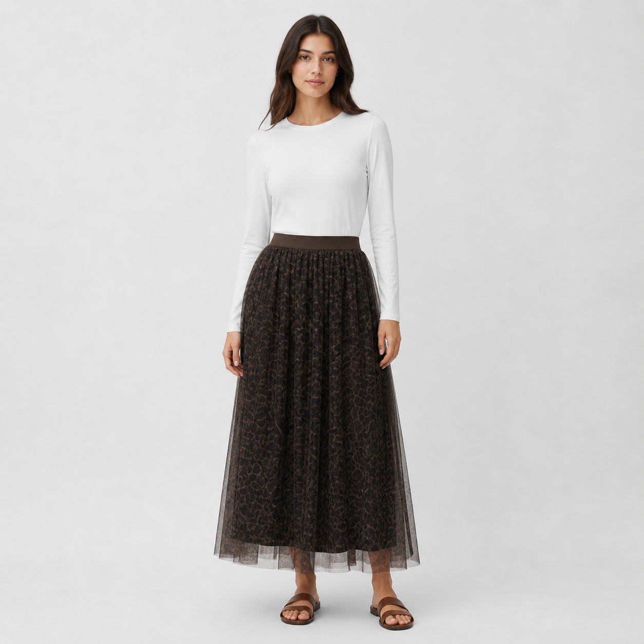 Jupe longue choco en tulle imprimé Tsniout – 01 face studio